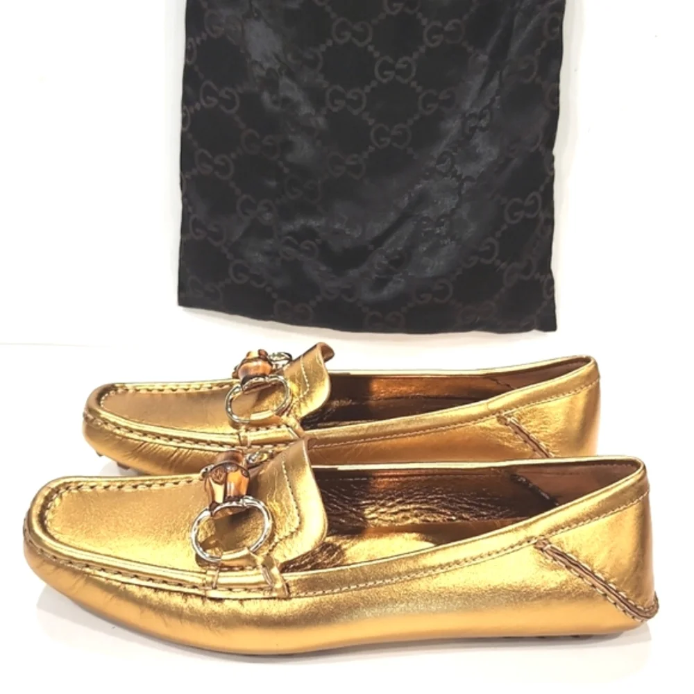 NEW!! Gucci Bamboo Horsebit Gold Leather Driving Shoes Loafers 155162  Size 5B